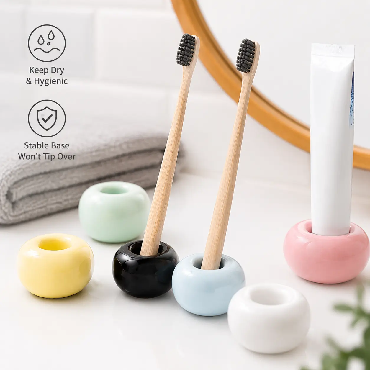 1 Count, Ceramic Toothbrush Holder Smooth Hollow Design Small Organizer for Bathroom Vanity, Desk Pen and Makeup Brush Storage