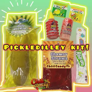 PickleDilley Candy Snack Kit with Arcoiris Dill Pickle in Pickle Juice, Lucas Chamoy Powder, Lucas Chamoy Liquid, Fruit Roll Ups, Chili Candy Chamoy Straws, Pica Limon Powder and Limon7 Salt Powder
