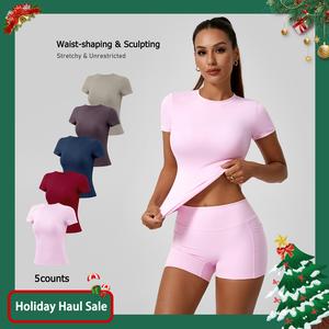 TimeOFF 5-Piece Solid Sports Tee Set Round Neck Slim Stretchy Ideal for Yoga Gym Workouts Women's Athletic Wear Sporty Style Clothes gym shirts workout tops oversized gym shirts Fitness Outfit