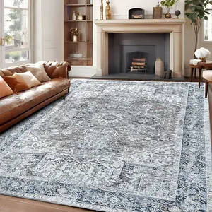 Moody Blue Boho Vintage Rug 8x10 - Washable & Stain Resistant, Distressed Oriental Soft Carpet for Living Room & Bedroom Aesthetic-S