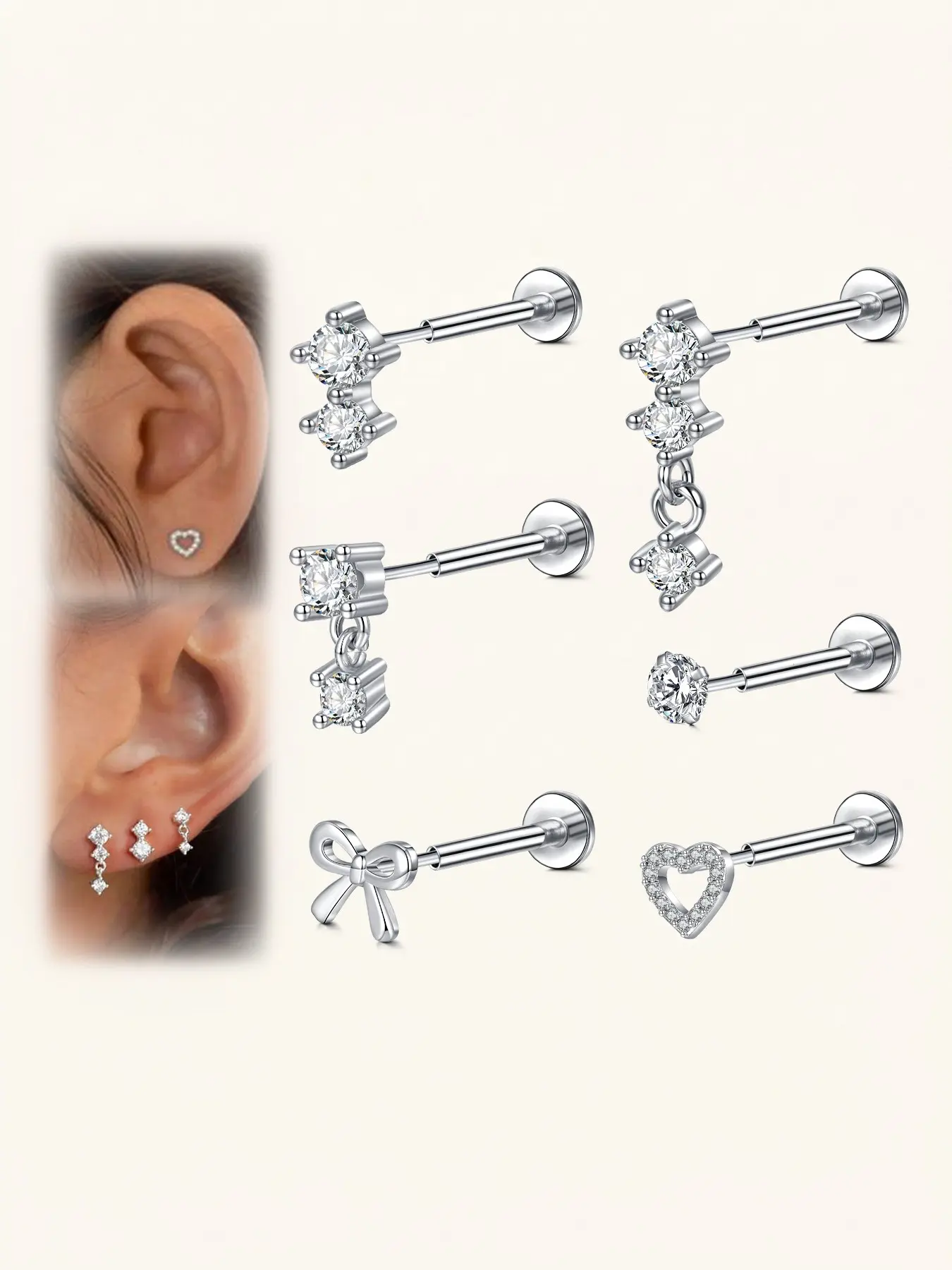 20G Push In Threadless Design Ear Stud Dangling Earrings Heart Design Chain, Stainless Steel Cartilage Tragus Earring Bow Heart Ear Piercing Flat Back Diamond Push Pin Helix Body Jewelry For Women Men, Body Jewellery, Daily Wear, Gift Ready
