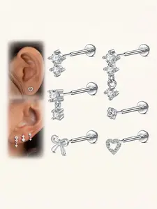 20G Push In Threadless Design Ear Stud Elegant Dangling Earrings, Stainless Steel Cartilage Tragus Earring Bow Bow Heart Ear Piercing Flat Back Diamond Push Pin Helix Body Jewelry For Women Men 6mm Ear Piercing Jewelry Daily Wear Gift