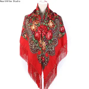 Russian Babushka Floral Scarf, Vintage Slavic Fringe Shawl Wrap, Traditional Folk Rose Large Square Scarves for Women Travel Church Winter Gift