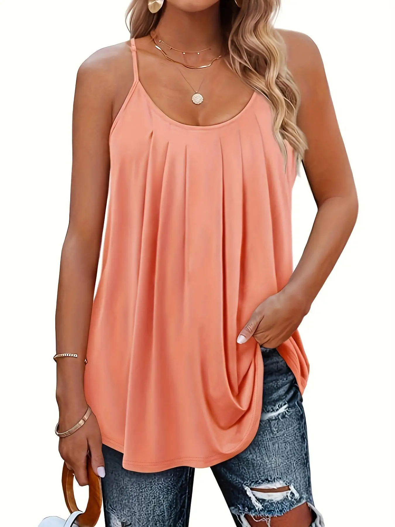 【Plus Size】Plain Plicated Scoop Neck Cami Top, Casual Adjustable Spaghetti Strap Top for Summer, Summer Outfits 2024, Women's Plus Size Clothing for D
