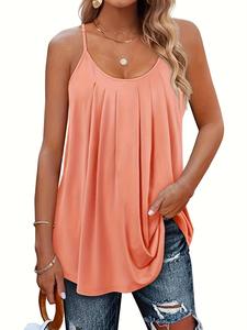 【plus size】 plain plicated scoop neck cami top, loose fit casual adjustable spaghetti strap top for summer, tank tops for women, camisole, women's clothing for daily wear, womenswear, sleeveless blouse
