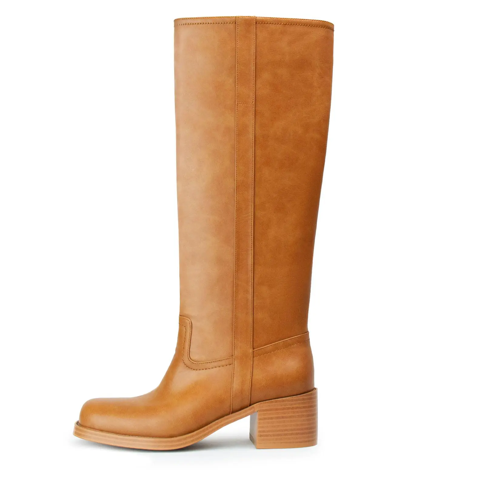 Women's Banana Knee High Boots Square Toe Faux Leather Chunky Block Heel Long Boots Riding Boots