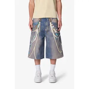 mnml Ultra Baggy Chain Printed Denim Shorts - Light Blue