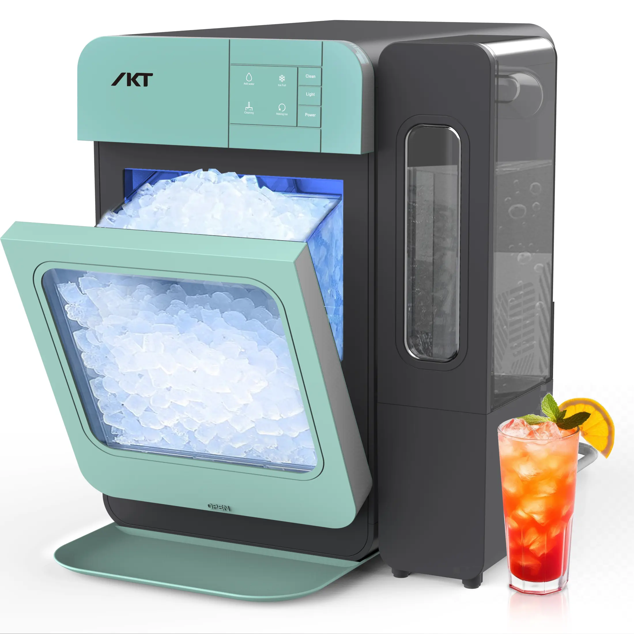 IKT Self Cleaning Nugget Ice Maker with Side Water Tank, 45 LBS/24H, 5.5lbs Storage for Home & Bar,  LED Light, Includes Ice Scoop, Green