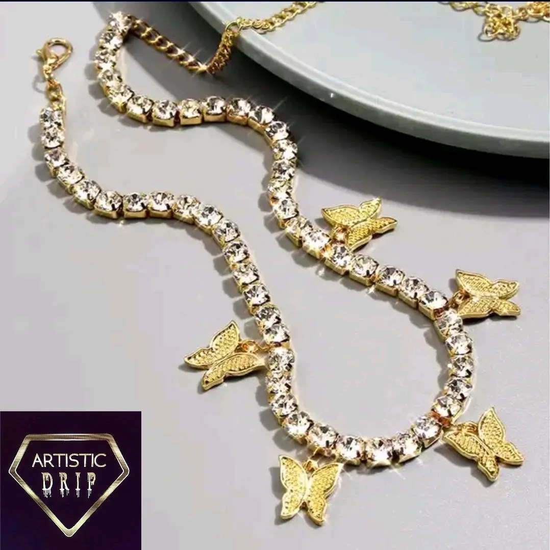 Diamond Tennis Chain Butterfly Anklet for Women