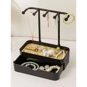 1 Double-Layer Jewelry Storage Box With Wooden Base, Desktop Organizer Racks, Multi-Functional Hanging Storage, Can Store Necklaces, Bracelets, Earrings, Rings, Watches, With Hooks, Dorm Room Storage Must-Haves, A Must-Have Storage Item In Summer, An Idea