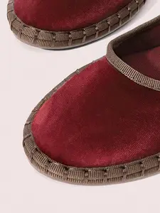 Women's Wine Velvet Mary Jane Flats, Casual PU Leather Slip-On Shoes, Comfortable Elastic Single Band Design, All Seasons