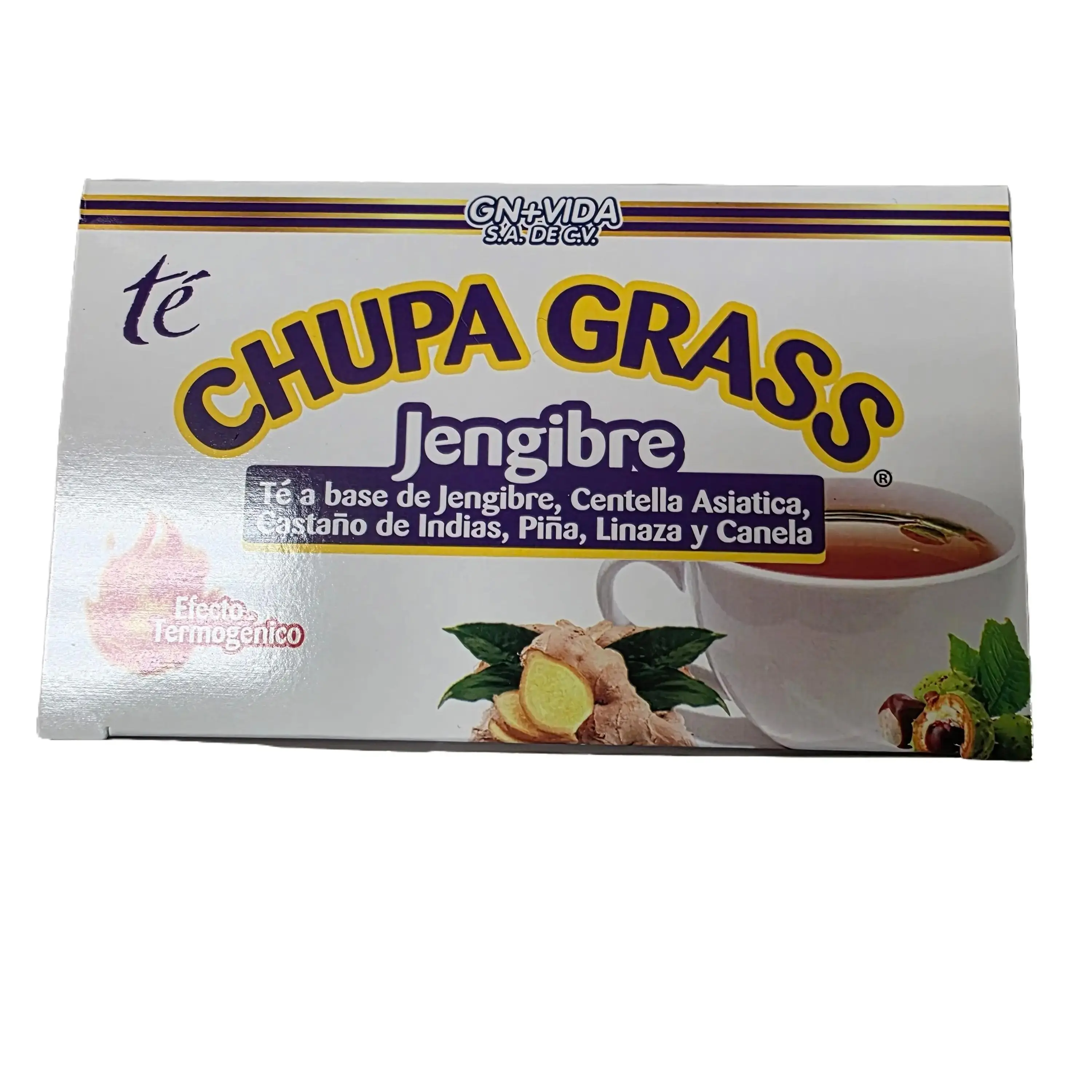 Chupa Grass Jengibre Tea with Ginger Centella Asiatica Castaño de Indias Piña Linaza y Canela Flavor Natural Cooling Throat Soothing Tea for Digestion and Performance