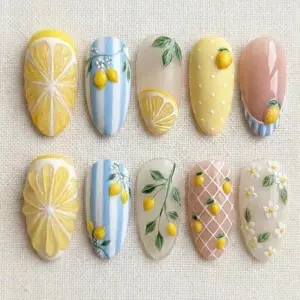 jasonj.nail Lemon Orchard Press-On Nails, 3D Citrus Slice Artwork, Yellow Fruit Accents, Soft Daisy Floral Details, Fresh Summer Handmade Nail Set for Sunny Vacation Vibes