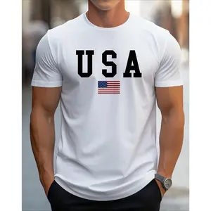 [100% Cotton] Men's Patriotic USA Flag Print Cotton T-Shirt -  Cotton Crew Neck Short Sleeve, Slight Stretch Knit Fabric, Regular Fit All-Season Comfort,  Golf Gift T-Shirt For Men and Women