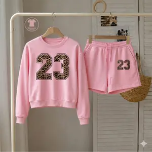 Women’s Leopard Print Number Graphic Sweatshirt and Drawstring Shorts Set, Casual 2-Piece Outfit, Long Sleeve Pullover Top and Matching Shorts Set, Cute Comfortable Loungewear for Daily Wear, Travel and Spring Fall Fashion