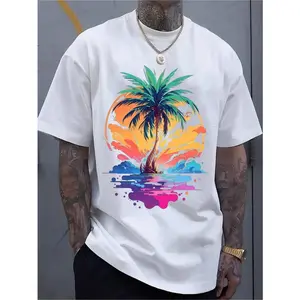 Tropical Palm Tree Sunset Graphic Tee Unisex Streetwear Crewneck Short Sleeve Summer Vacation Beach Aesthetic Soft Cotton Casual T Shirt
