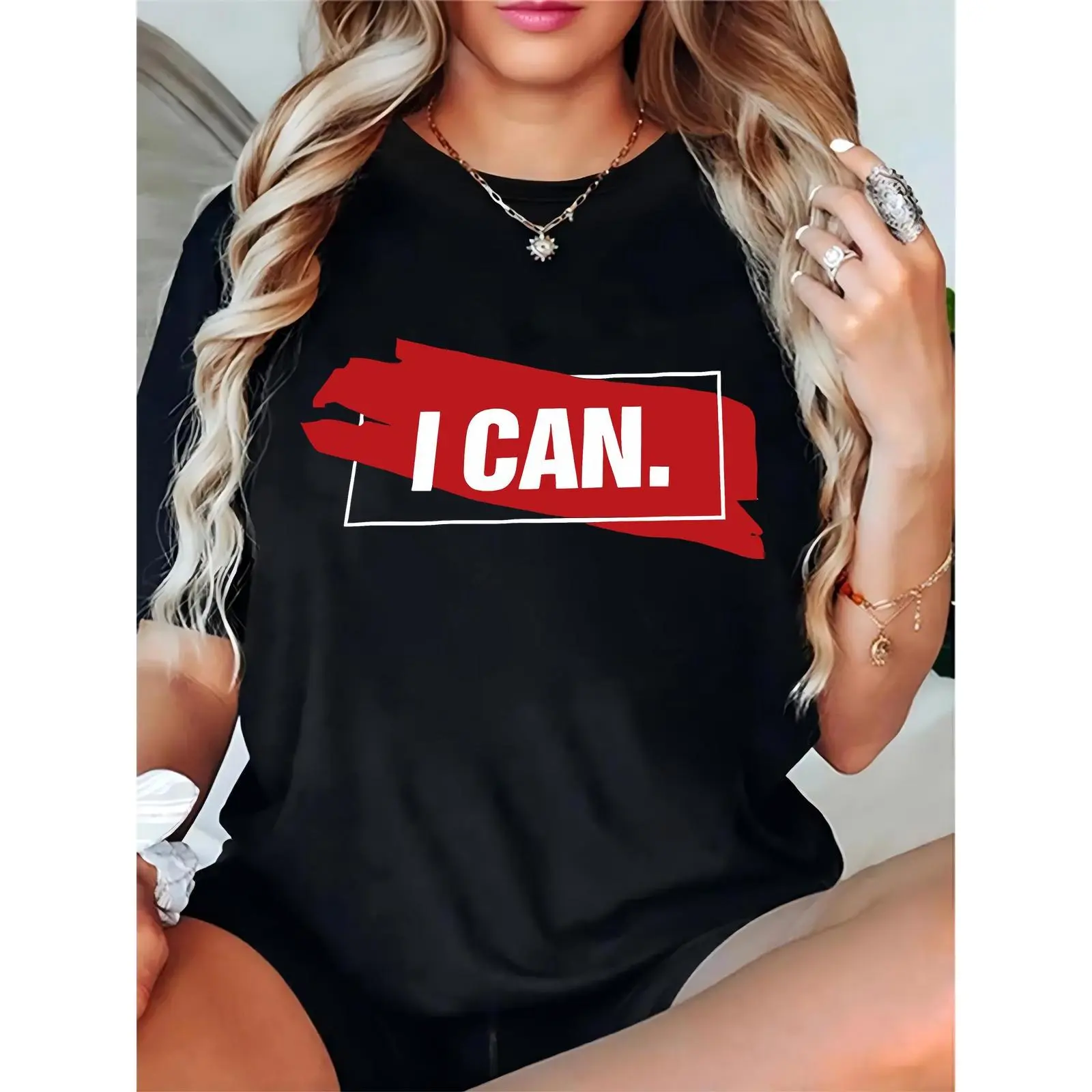 Women’s Black T - Shirt with Red Brush Stroke & “I CAN.” Graphic – Casual Motivational Tee for Daily Wear, Gym, or Empowering Outfits, Ideal for Confident Women