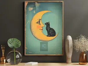 Black Cat Crescent Moon Canvas Print, Moon Face Feline Poster, Mystical Night Wall Art Decor