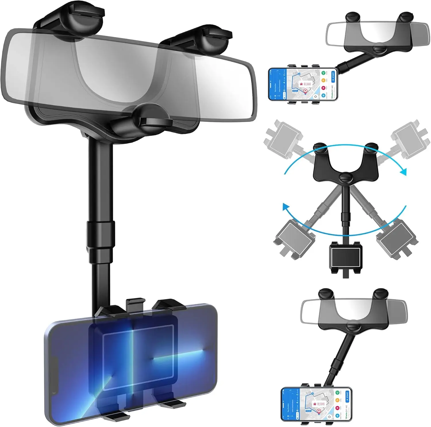 Rearview Mirror Phone Holder for Car, 360° Rotating Rear View Mount with Adjustable Arm Length, Multifunctional and GPS Universal Car All Smartphones