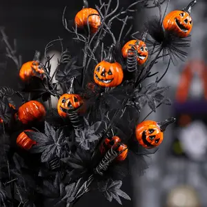 5 Piece Halloween Branch Small Pumpkins, Artificial Stems with Maple Leaves, Empty Table Party Indoor Decor, Horror Scene Setup