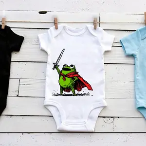 Unisex Newborn Baby Pure Cotton Snap Crotch Romper Bodysuit, Character-Themed Boys' Jumpsuits, Cartoon Frog Graphic Summer Outfit