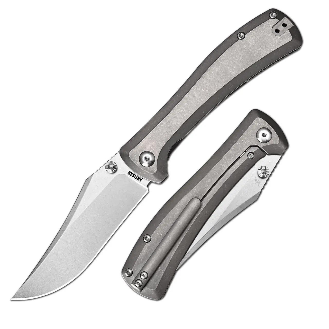 Artisan Cutlery Santee 3.54'' CPM S35VN Steel Stone Wash Blade Thumb Stud & Frame Lock Folding Knife Titanium Handle 1888G-GY