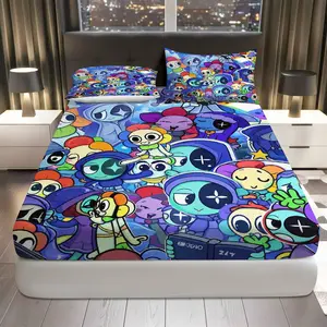 3Pcs  Galaxy Fun Fitted Sheet Three Piece Set (1*Fitted Sheet+2*Pillowcases, Coreless), Festival theme, Colorful Characters Bedding Set, Mattress protector Soft, Breathable