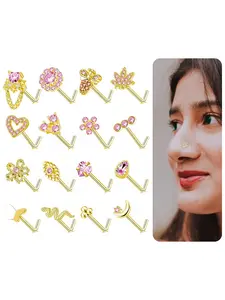 16Pcs Nose Stud Rings L Screw Shaped Nose Ring Flower Snake Butterfly Heart Eye CZ Dangle Nose Rings Stud Body Piercing Jewelry for Women Men 20G Silver Pink Tone
