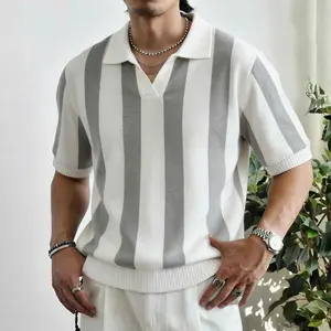 Sleek Modern Mens Short Sleeve Knit Top Clean Vertical Stripe Pattern Johnny Collar Cut Ideal for City Commute and Minimalist Summer Outfits ：