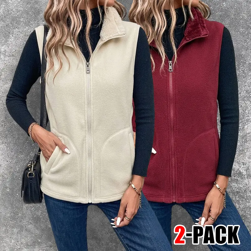 Women’s 2-Pack Zip-Up Stand Collar Polar Fleece Vest, Comfortable Chic Everyday Style Tops – Casual Sleeveless Thermal Waistcoat