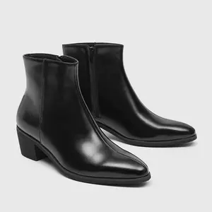Men's pointed-toe side-zipper trendy short boots, new short boots in black with low heels, business short boots, suitable for commuting, fashionable and versatile, casual formal leather boots, unisex model 66675-J