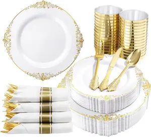 350PCS Gold Plastic Plates - Gold Plastic Dinnerware Sets for 50 Guests - 100 Disposable Plates, 150 Silverware, 50 Cups, 50 Napkins for Wedding & Party