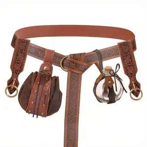 5-piece vintage Renaissance belt set with faux leather pouch; engraved gold medieval Nordic belt with faux leather apothecary bottle; rivet details; skirt clip; perfect for parties; Halloween costume—do not wash