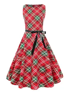 Red 1950s Christmas Plaid Sleeveless Dress with Black Bow Belt and Classic Fit for Festive Occasions Womenswear Polyester