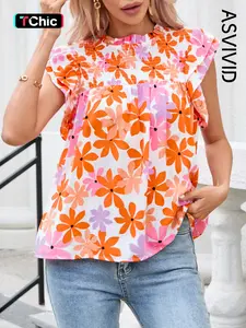 Women's Elegant Ruffled Sleeve Smocked Floral Top Blouse Shirts, Casual Daily Wear, Perfect for Summer