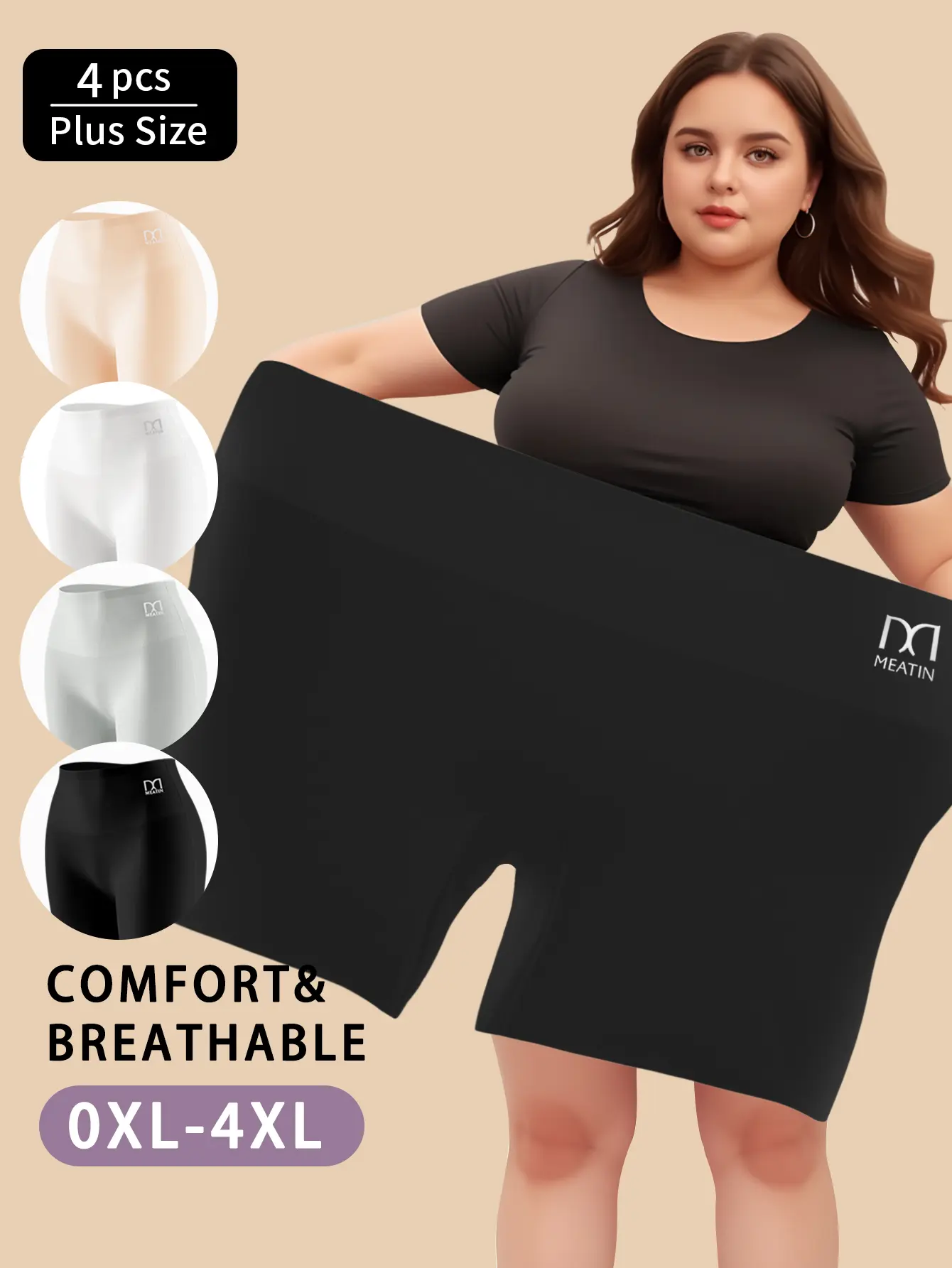 QUASTI 4-Piece Plus Size Women's Panties, High-Waist Solid Colors Safety Panties for Women Dailywear, Full Coverage High Elastic Waist Panties for Tummy Control Hip Lifting Panties Set, 0XL-4XL Breathable Womenswear