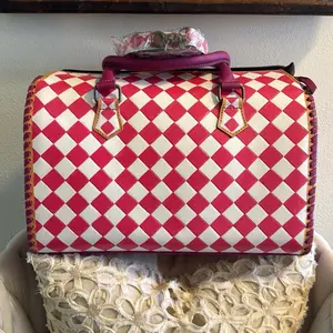 Western Rodeo Tooled Leather Large Speedy Purse Pink/White Checkered Design Classic Style