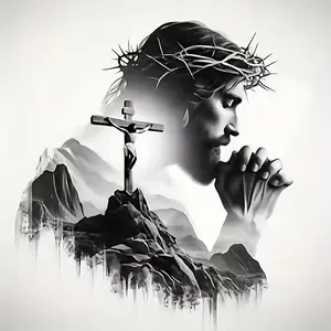Monochrome Jesus Cross Diamond Painting Kit - Spiritual Double Exposure Print, DIY Full Drill Rhinestone Art