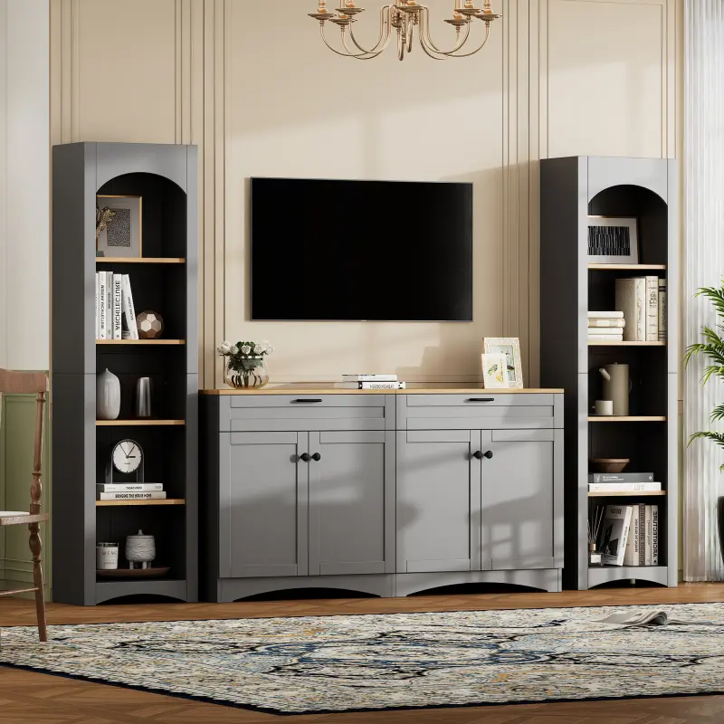 High-Quality 3-Piece Farmhouse Entertainment Center pa - Mid-Century TV Stand with Bookshelf, Rustic Versatile Sideboard with Adjustable Shelves, Storage Cabinet for 70" TVs, 102.3"lx15.7"dx72.0"h, Durable, Assembly Required for Living Room, Grey, Dining