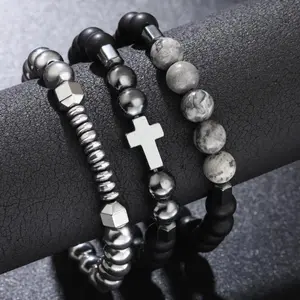 3 Pcs Black Hematite Beads Bracelets for Men Matte Glass Beaded Cross Pendant Bracelet Set with Map Stone Beads Stylish Retro Design Adjustable 19cm Circumference Perfect Gift