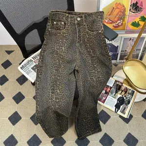Vintage High Street Leopard Print Wide Leg Jeans for Men Trendy Streetwear Loose Straight Casual Long Pants Menswear