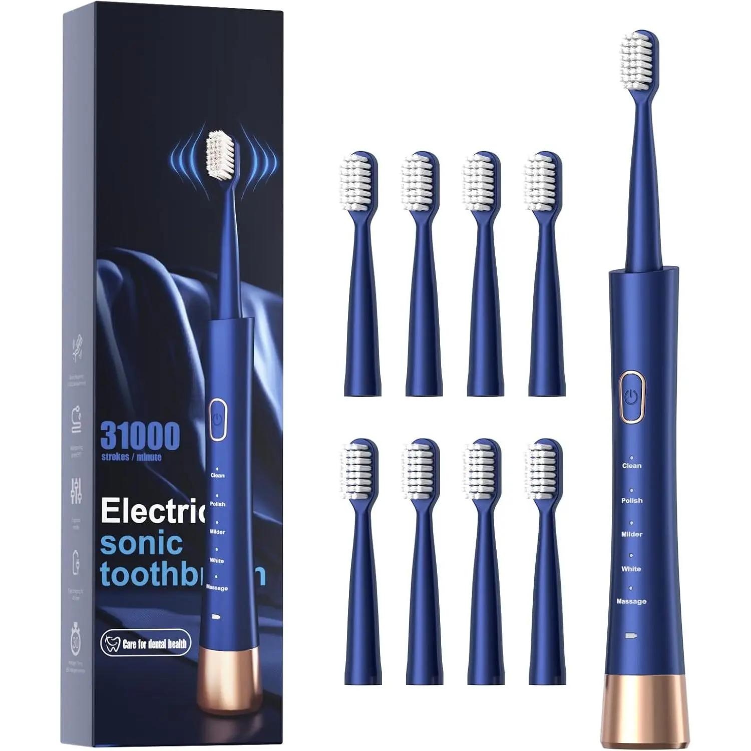 Sonic Electric Toothbrush for Adults with 5 Modes & Smart Timer, 31000 Strokes/min for Oral Health, Includes 8 Dupont Nylon Heads & USB Fast Charging Port, Blue, Fast Charger, Usb Port, Usb Cable