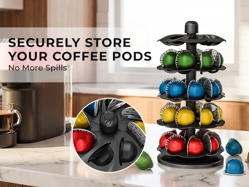 EVERIE Spinning Coffee Pod Carousel for Nespresso Vertuo Holds 40 Capsules Space-Saving Rotary Holder for Coffee Bar & Kitchen Countertop Black Sturdy Base Easy Access Design