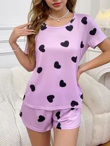 Women's Heart Print Short Sleeve Sleepwear Set, Womenswear Comfortable Casual Home Wear Glam Lounge Wear Loungewear, Four Seasons Suitable, Fitted Ladies Pajamas Pyjamas Pjs