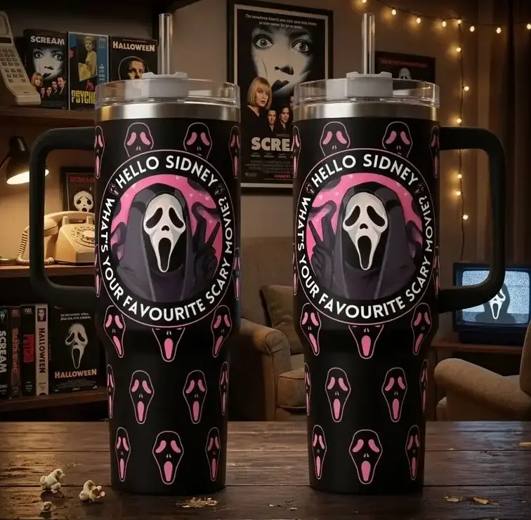 [Ghostface & Coquette Goth Aesthetic] 40oz, 20oz Ghostface Scream Pink Edition & "Hello Sidney" Tumbler with Handle, Horror Movie Stainless Steel Travel Mug, Insulated Cup - with Straw Lid & Gift Box