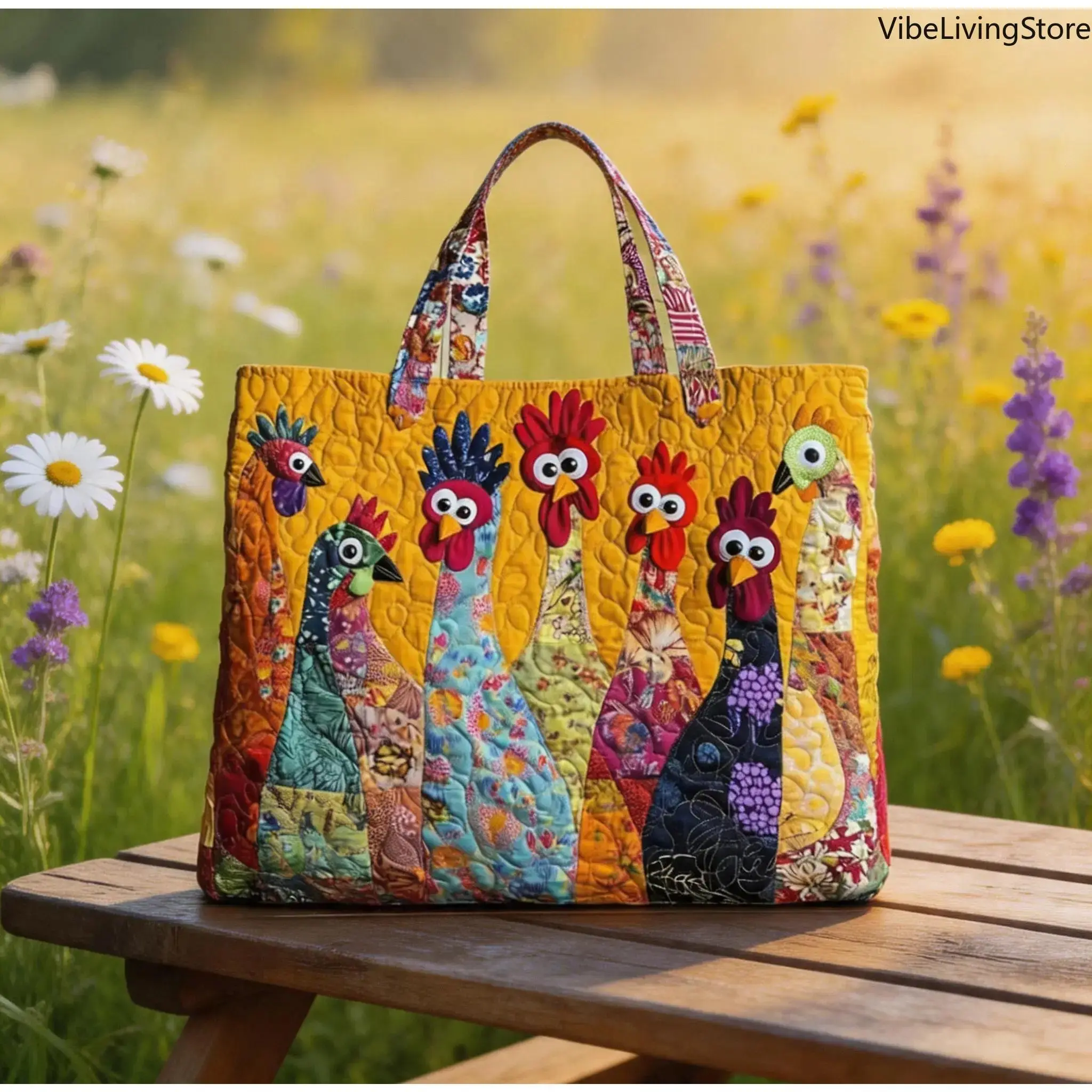 Women's Bohemian Chicken Print Quilted Tote Bag - Large Capacity Countryside-Style Casual Trendy Patterned Shoulder Handbag, Lightweight Durable for Shopping, Daily Commute, Women's Gifts, Casual Trendy Bag, Patterned Bag