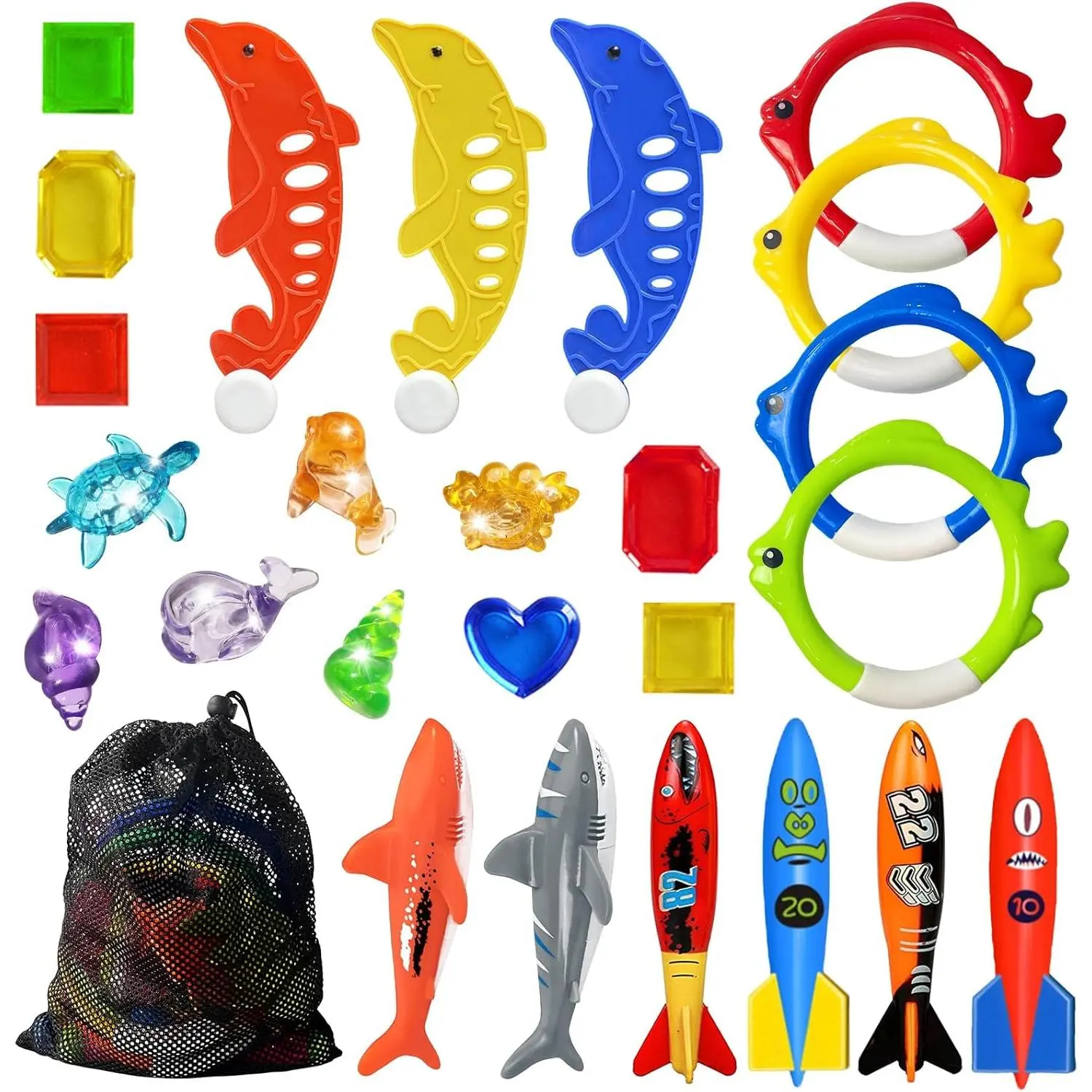 X-TBT99 Pool Diving Toys Games - 25PCS Swimming Pool Toys with Dive Sticks and Rings Underwater Treasures Torpedo Bandits Fish Toy etc Fun Water Swim Toy for Boys Girls Adults Kids Teens