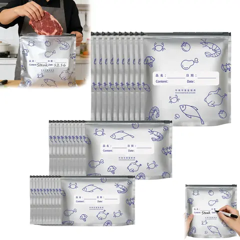BMTWE Airtight Aluminum Foil Vacuum Zipper Pouches Set - 30 Pcs Thick, Recyclable, Collapsible Eco-Friendly Resealable Bags (10S+10M+10L) with Labels, Durable Organiser for Storing Fruits, Veggies, Meat, Seafood & Beans