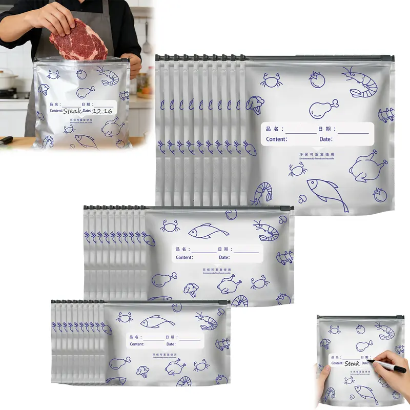 BMTWE Airtight Aluminum Foil Vacuum Zipper Pouches Set - 30 Pcs Thick, Recyclable, Collapsible Eco-Friendly Resealable Bags (10S+10M+10L) with Labels, Durable Organiser for Storing Fruits, Veggies, Meat, Seafood & Beans