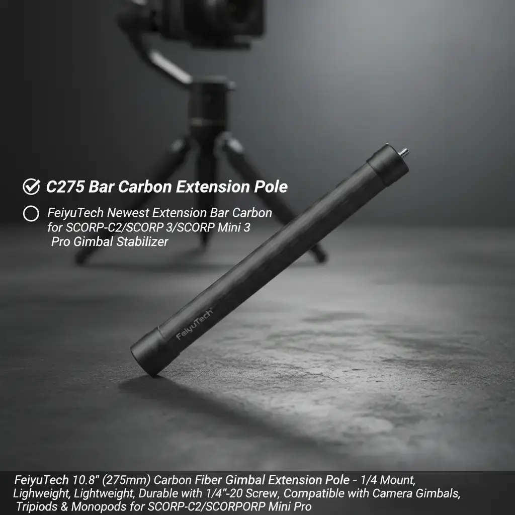 FeiyuTech 10.8" (275mm) Carbon Fiber Gimbal Extension Pole – 1/4 Mount,  Lightweight, Durable with 1/4"-20 Screw, Compatible with Camera Gimbals, Tripods & Monopods for SCORP-C2/SCORP 3/SCORP Mini 3 Pro Carbon Plastic Frame Camera Stabilizer